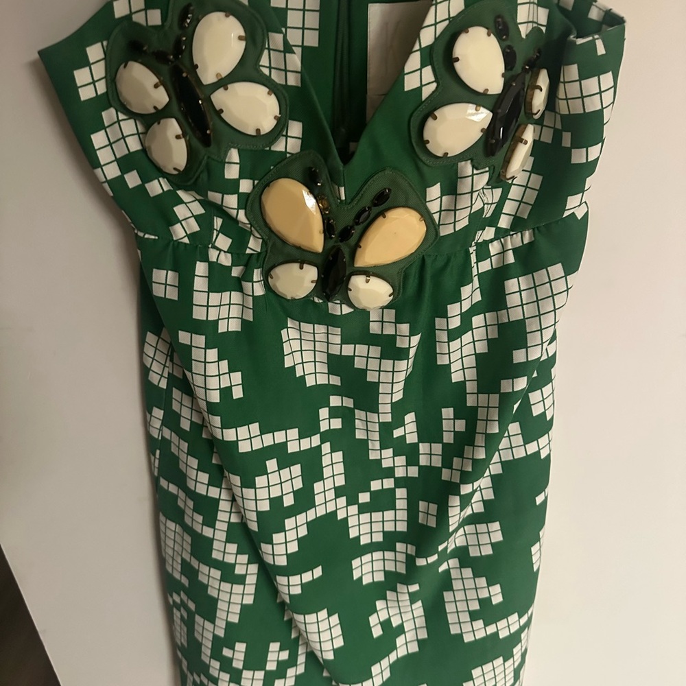 Green and White Patterned Dress with Butterfly Accents